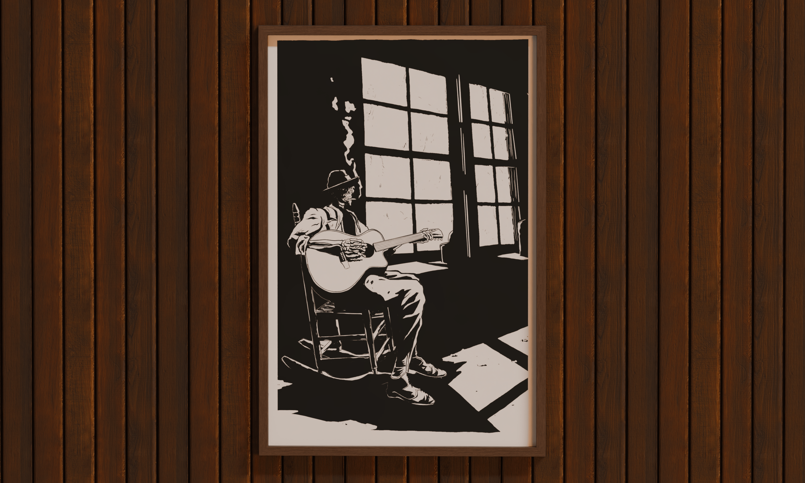 DORTI Jimi Skull Noir guitar poster framed on a dark wood wall