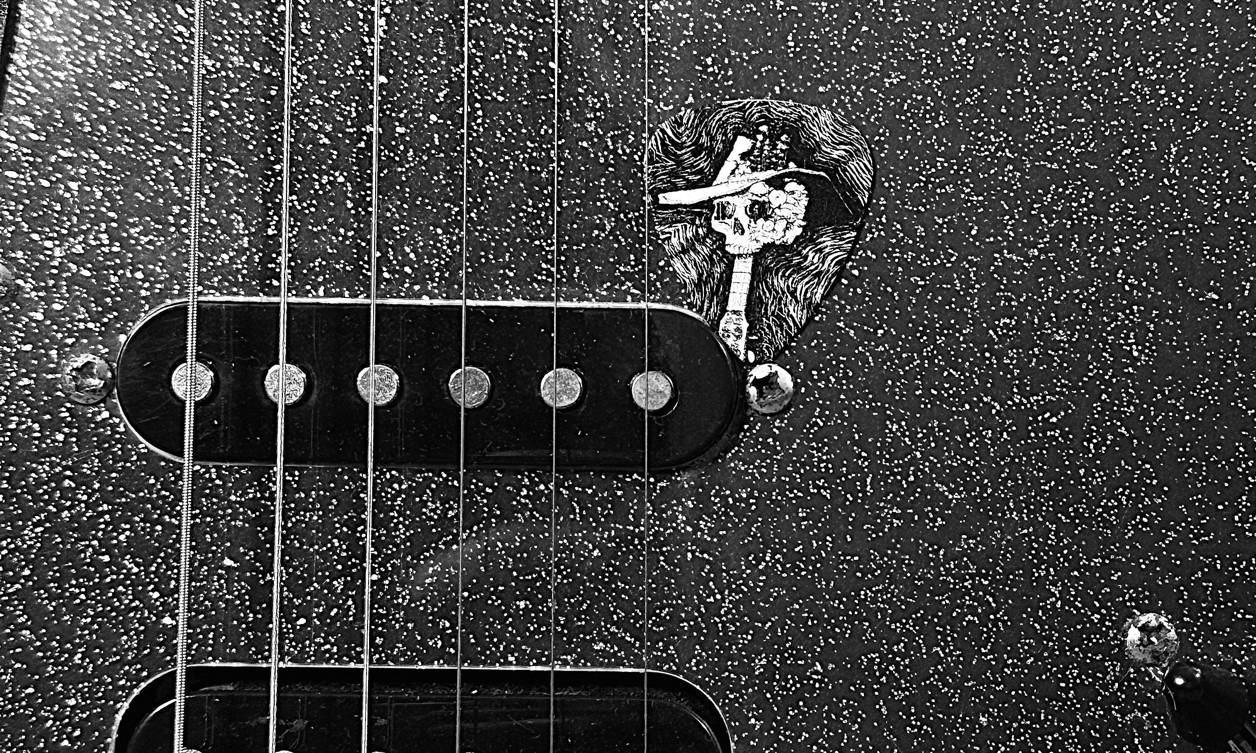 DORTI stainless steel guitar pick between the pickups of a black sparkle guitar