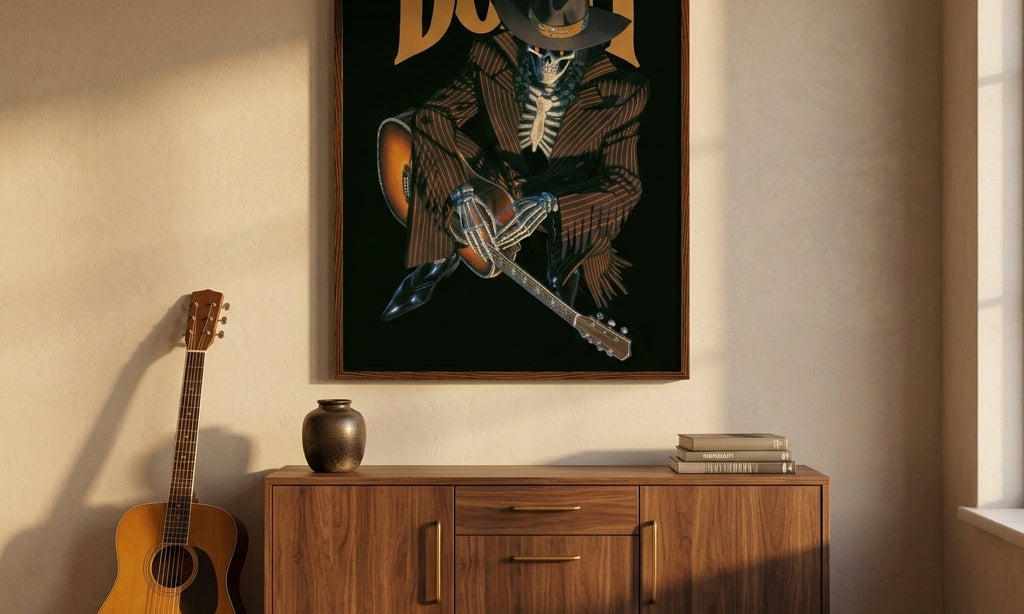 DORTI Jimi Skull framed poster on a wall above a sideboard and acoustic guitar