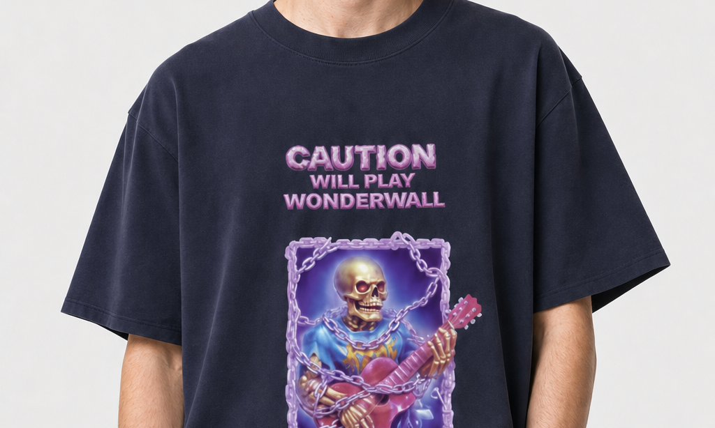 Model wearing the DORTI Will Play Wonderwall skeleton guitar tee