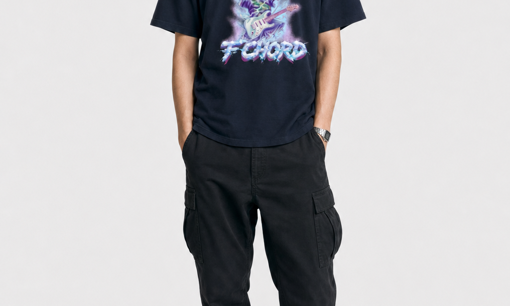 Model wearing the DORTI F Chord navy guitar tee with black cargo pants, full length