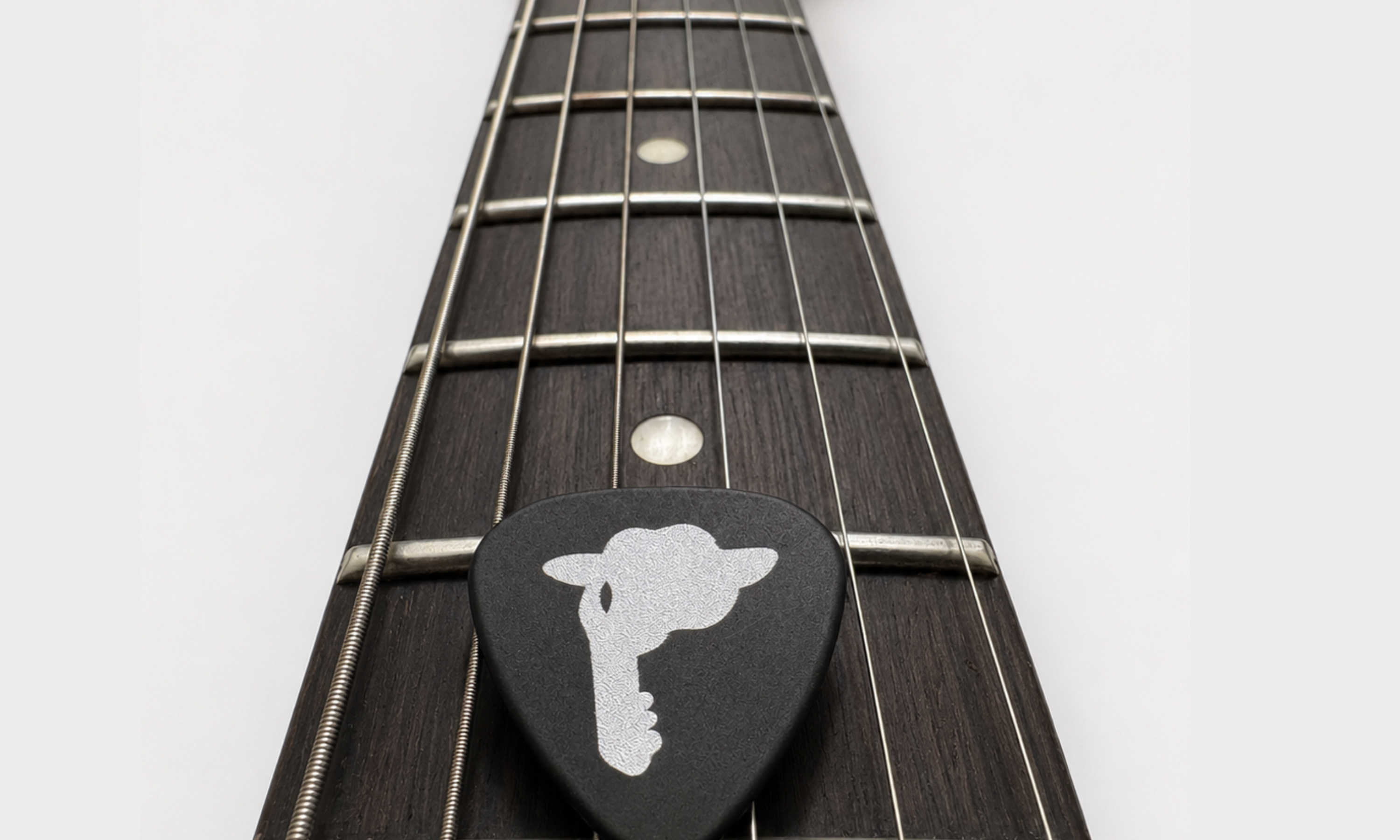 DORTI Delrin guitar pick on a guitar fretboard