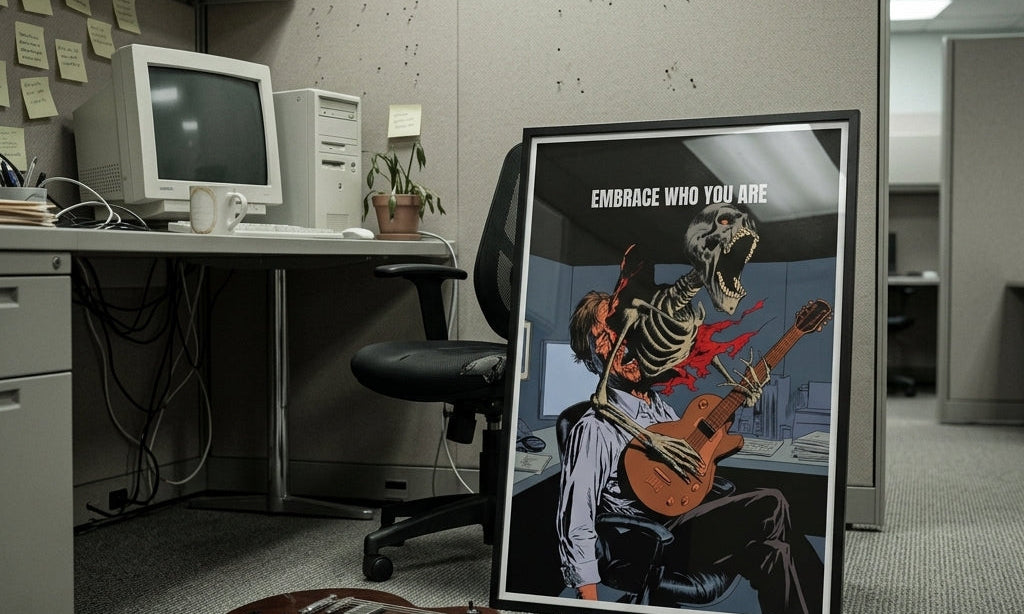 DORTI Embrace Who You Are framed poster leaning in an office next to an electric guitar