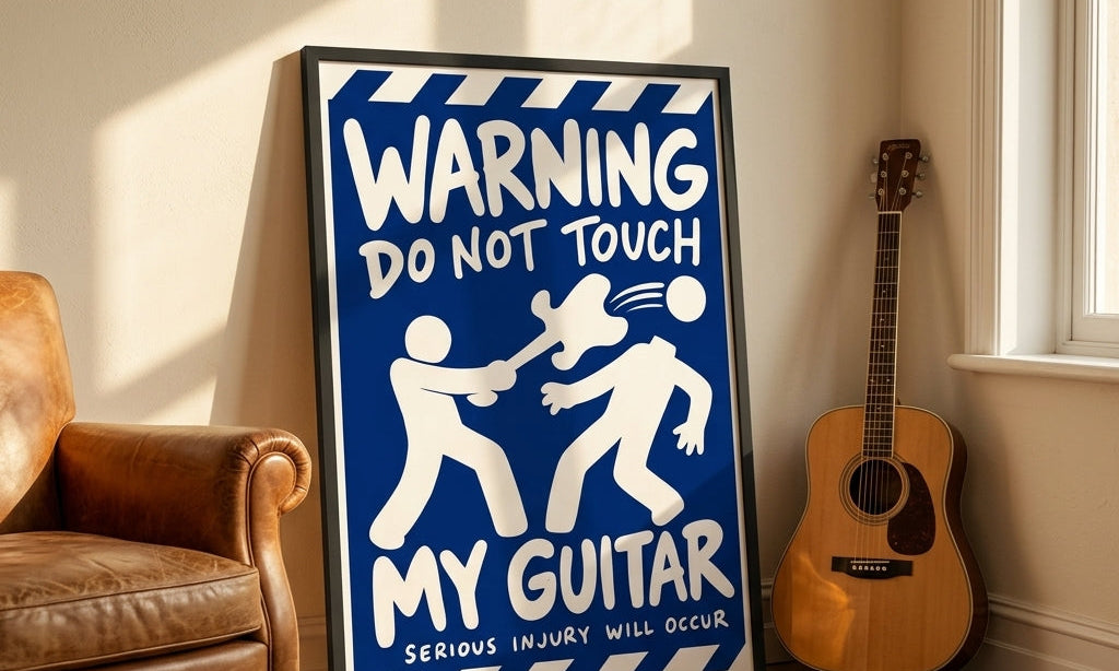 DORTI Don't Touch My Guitar framed poster leaning by a leather armchair and acoustic guitar