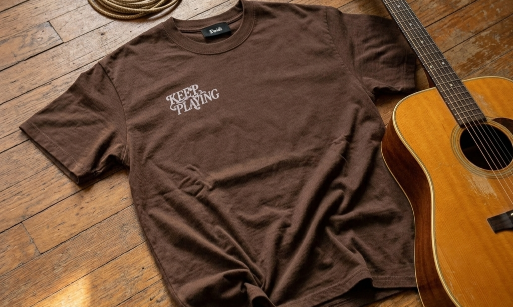 DORTI Keep Playing brown tee laid flat on a wooden floor with an acoustic guitar, cable and picks