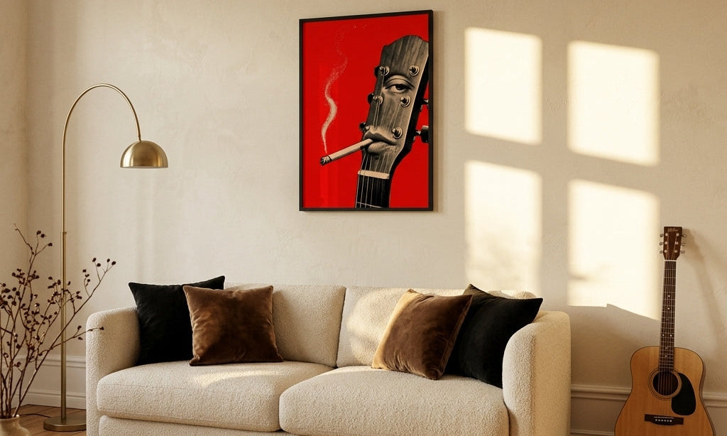 DORTI My Guitar Needs a Smoke Break poster on a living room wall above a sofa