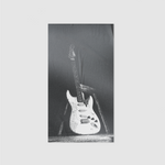 DORTI black and white electric guitar on a stand against a dark background