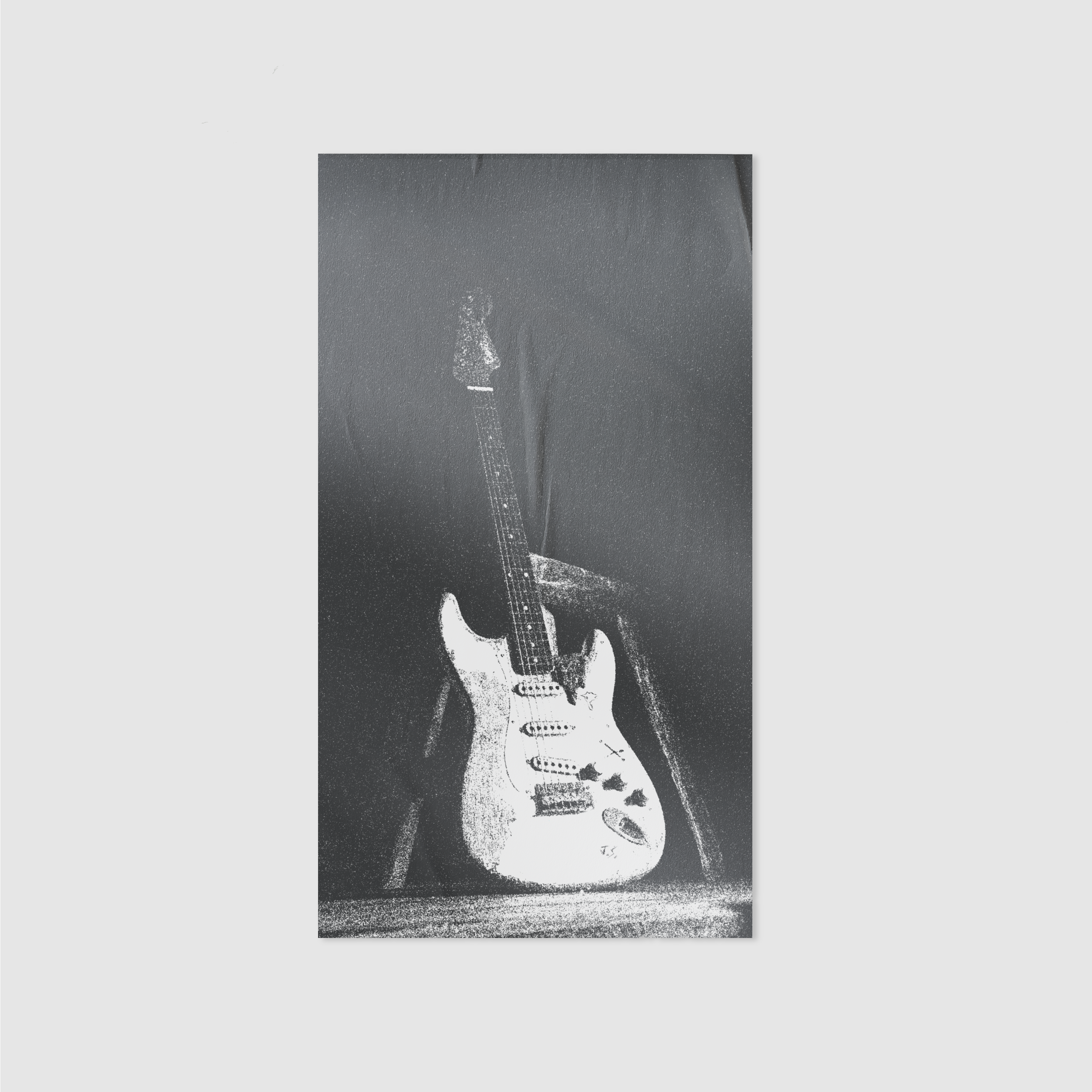 DORTI black and white electric guitar on a stand against a dark background