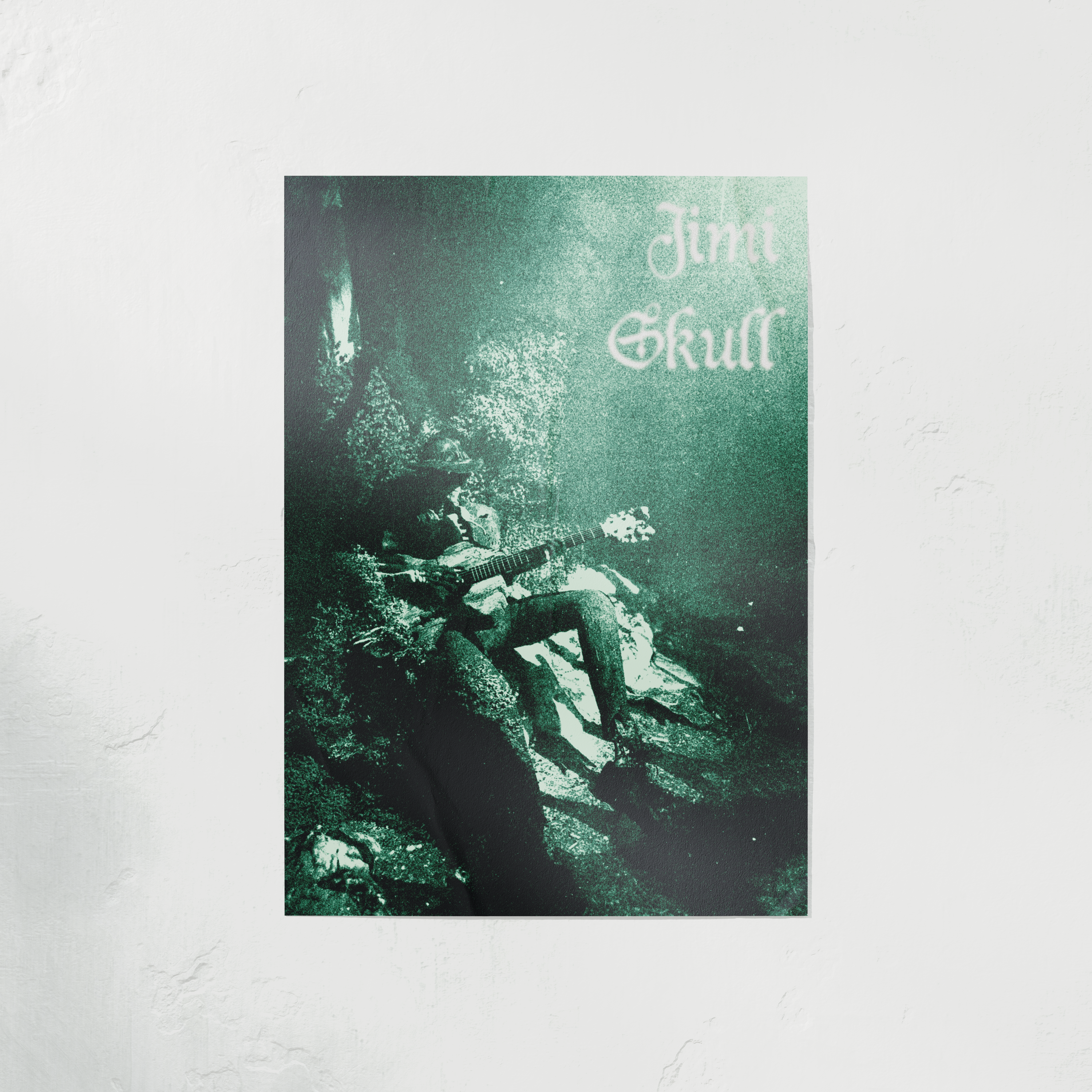Wall poster with a person playing guitar in a forest setting, featuring the text 'Jimi Skull'.