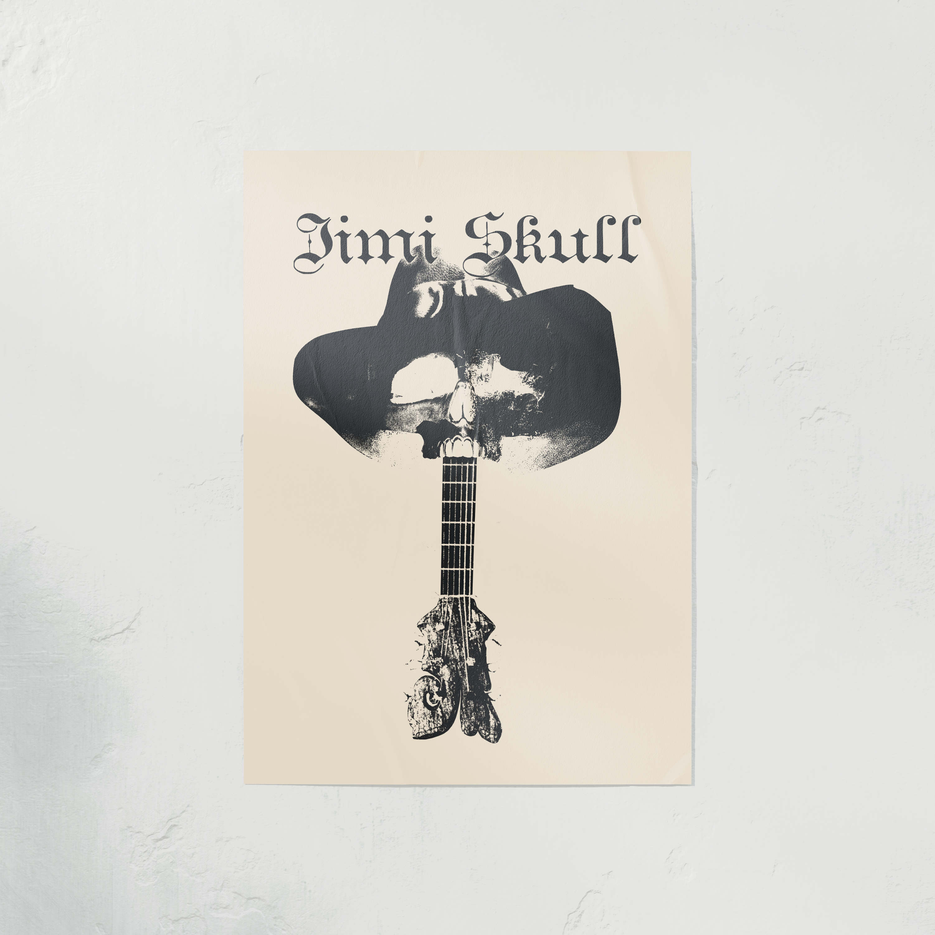 Poster with a black and white illustration of a guitar and skull on a beige background, featuring the text 'Jimi Skull'.