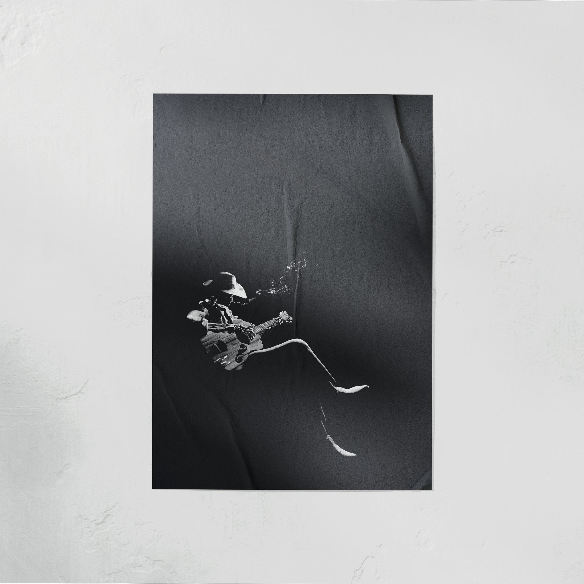 DORTI Jimi Skull Midnight Blues poster: a hatted guitarist emerging from black shadow