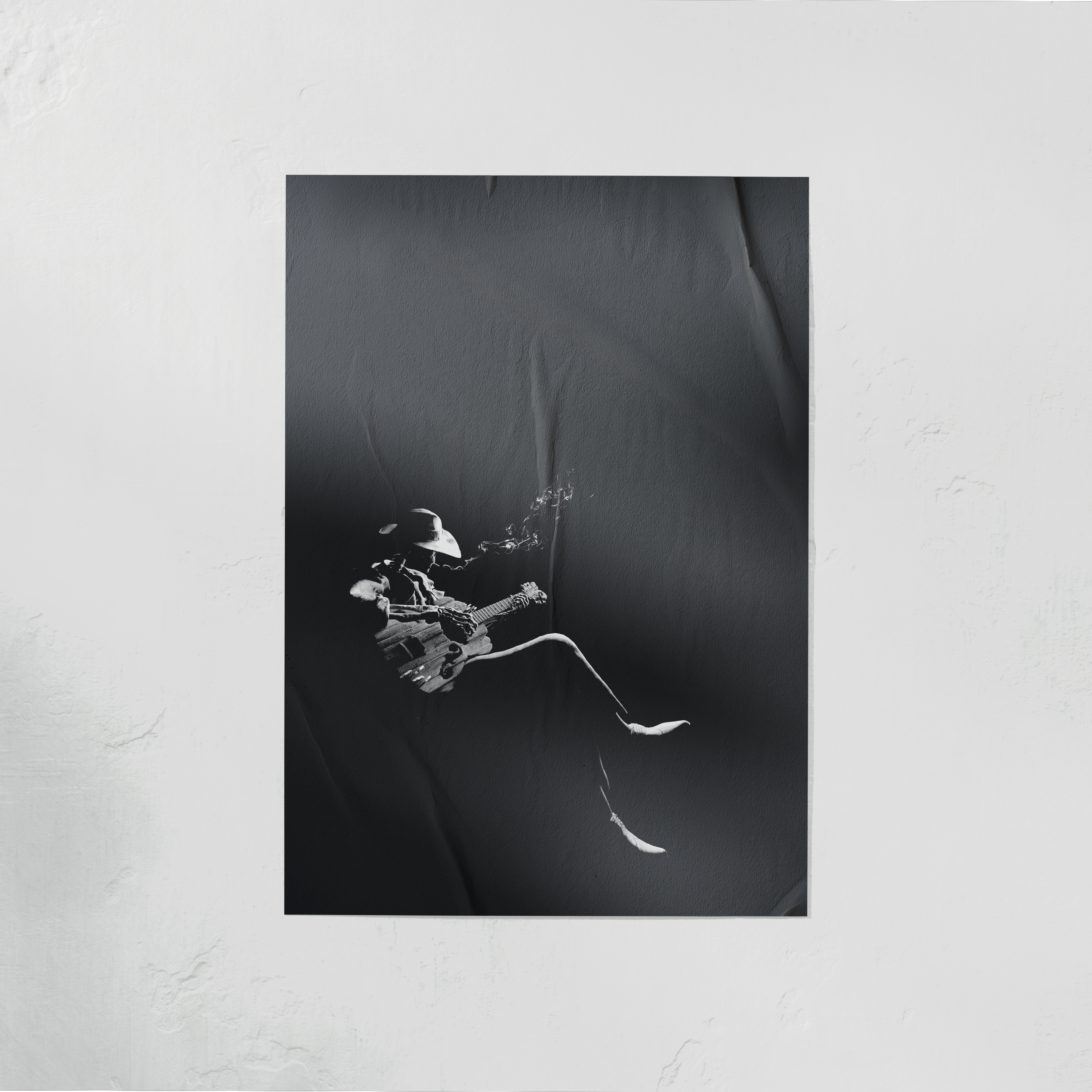 Black and white abstract art of Jimi Skull print on a textured wall.