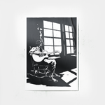 DORTI black and white illustration of Jimi Skull playing guitar in a room with large windows.