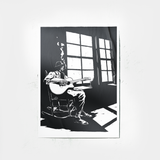 DORTI black and white illustration of Jimi Skull playing guitar in a room with large windows.
