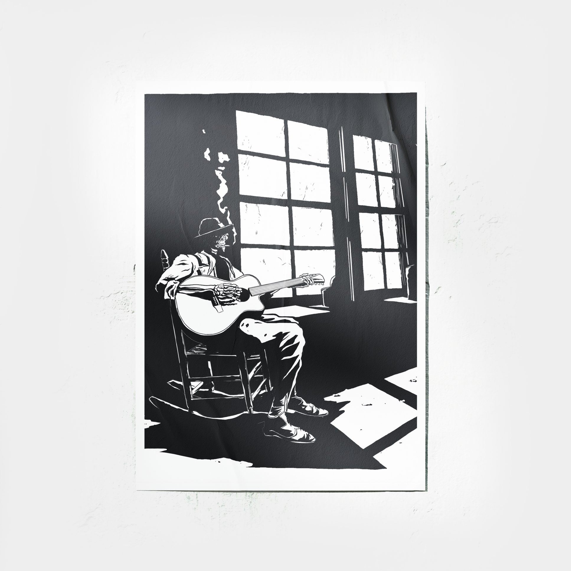 DORTI Jimi Skull Noir poster: a black-and-white guitarist in a rocking chair by a sunlit window