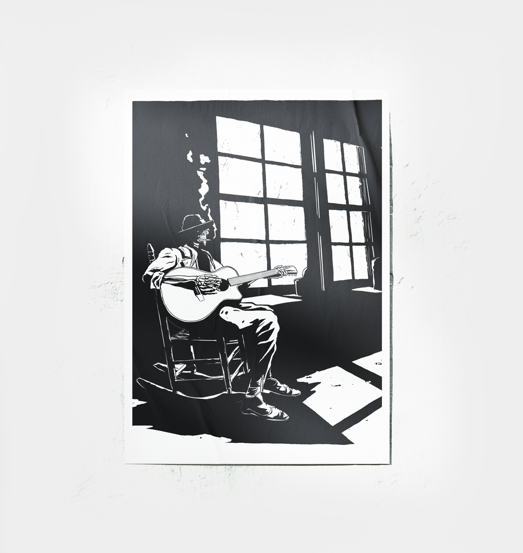 Black and white illustration of Jimi Skull playing guitar in a room with large windows.