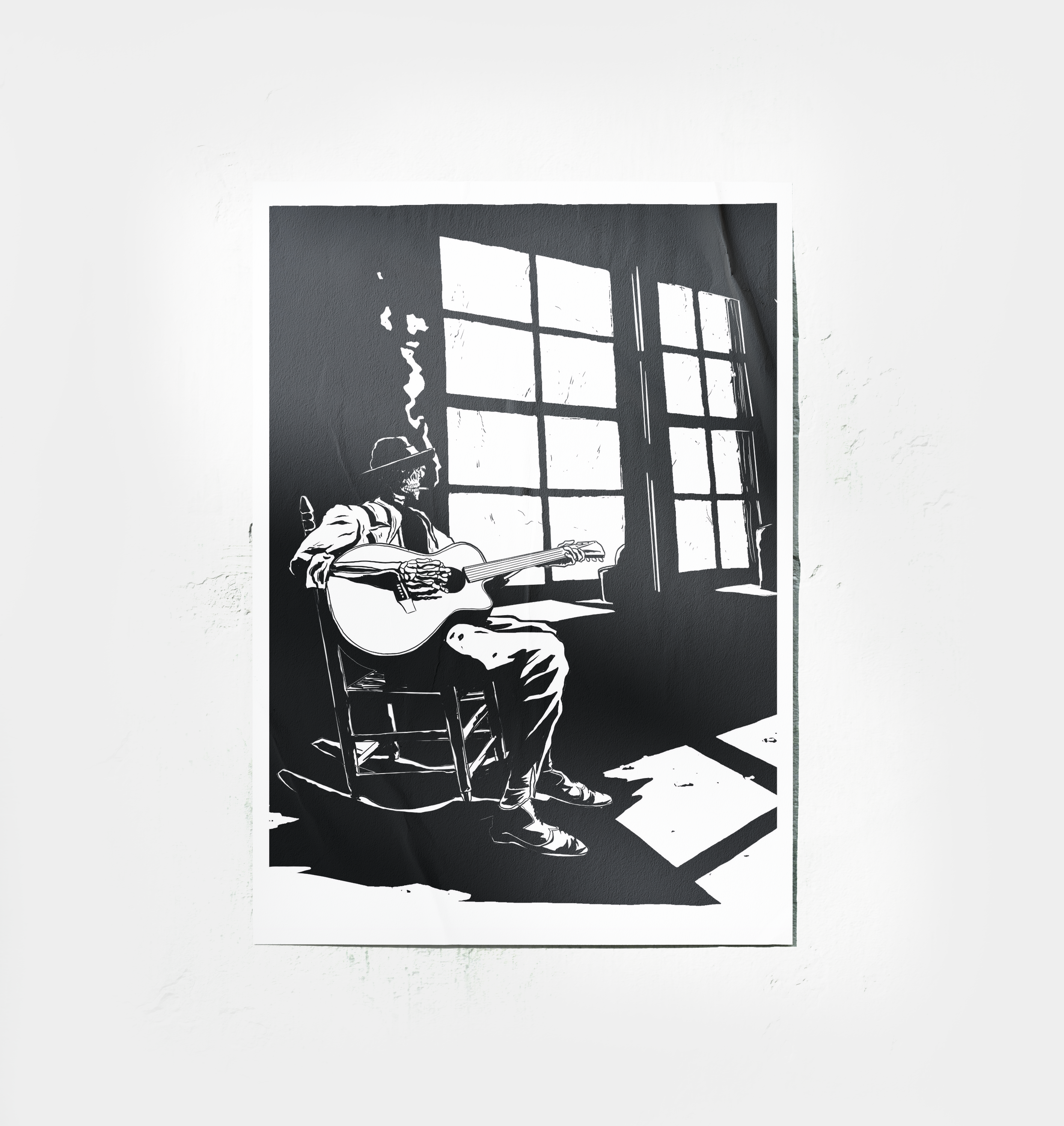 Black and white illustration of Jimi Skull playing guitar in a room with large windows.