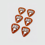 Six DORTI orange nylon guitar picks, 0.96mm, scattered on a light grey background