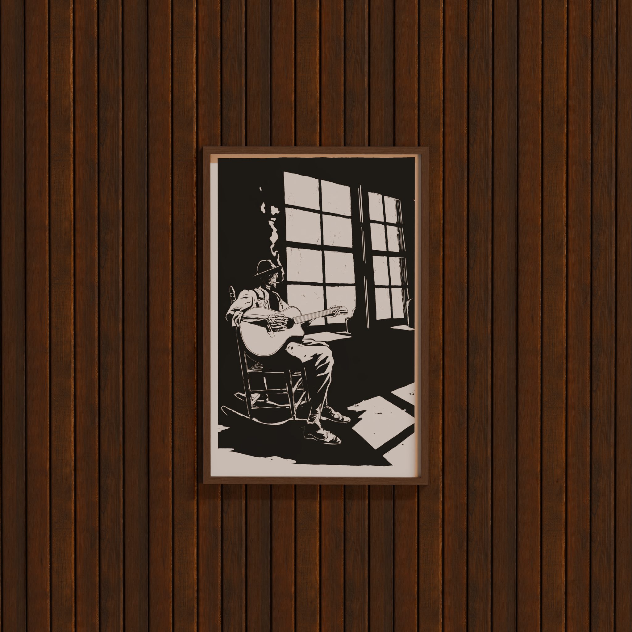 DORTI Jimi Skull Noir guitar poster framed on a dark wood wall
