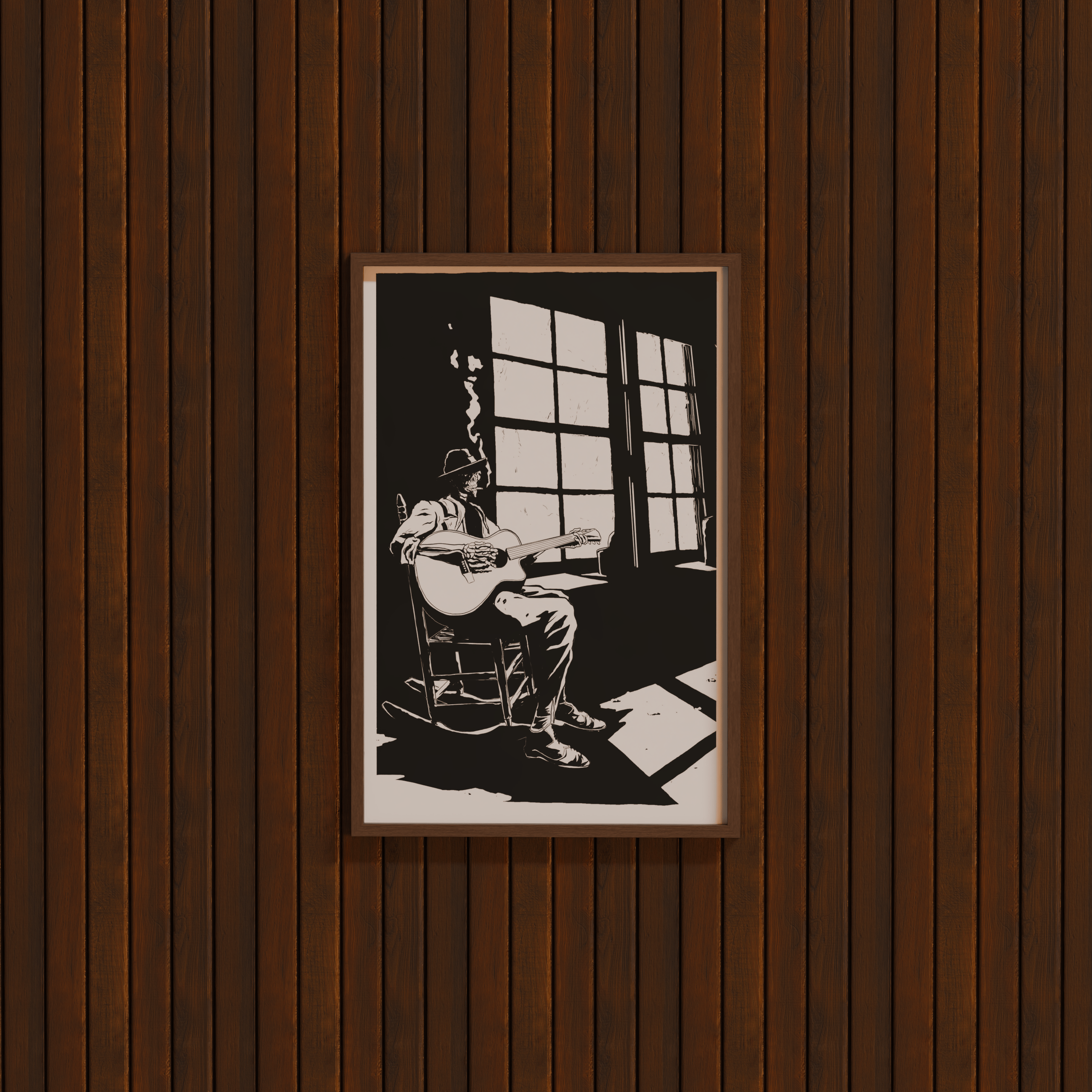 DORTI framed black and white artwork of Jimi Skull playing guitar on a wooden wall.