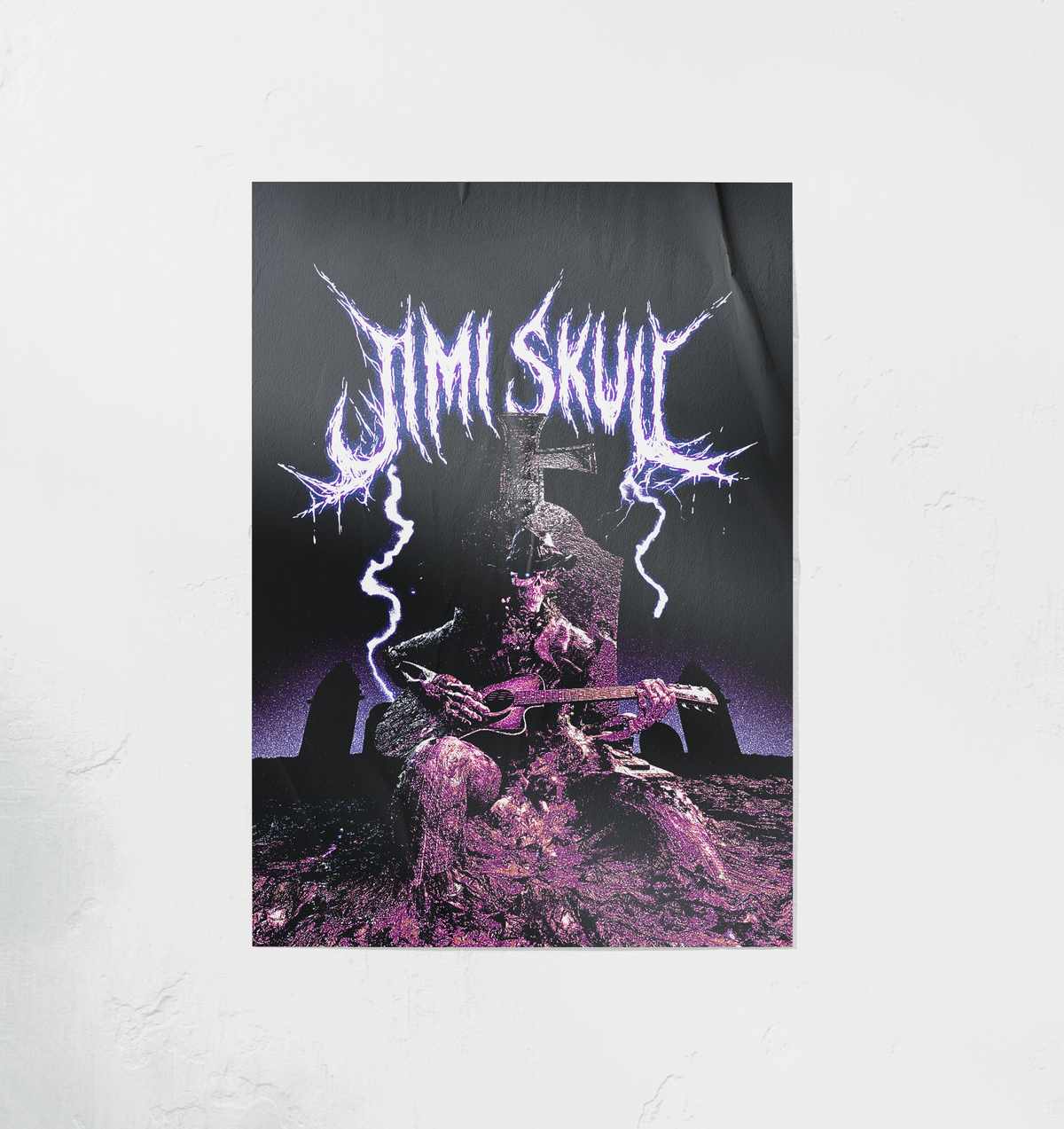 Poster of a musician playing guitar with 'Jimi Skul' text on a dark background