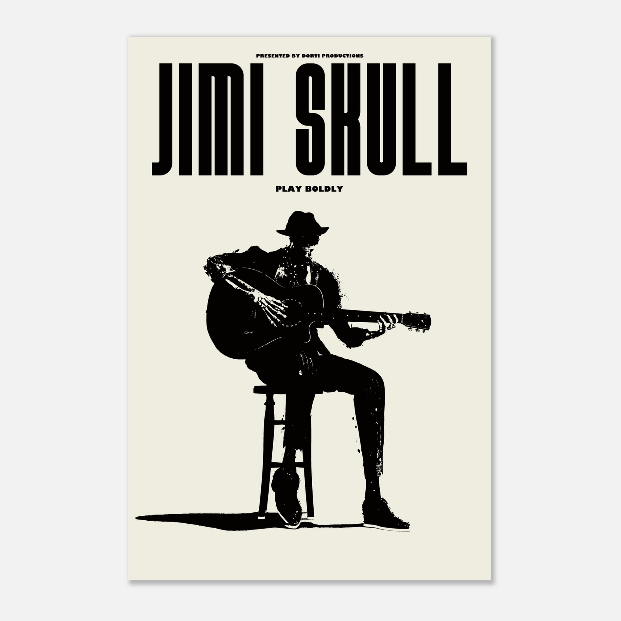 DORTI Poster of a silhouette of Jimi Skull playing guitar with 'Jimi Skull' text on a light background.