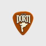 DORTI Standards 0.96mm nylon guitar pick in orange with the DORTI Jimi Skull logo, front view