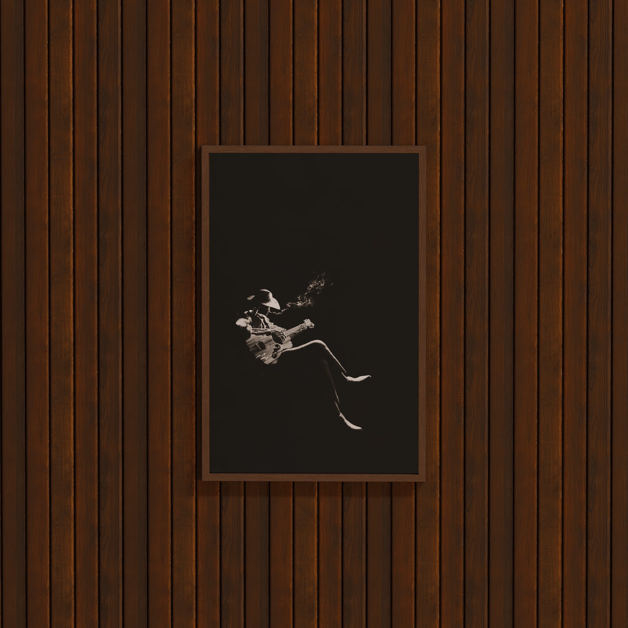 DORTI Jimi Skull Midnight Blues guitar poster framed on a dark wood wall