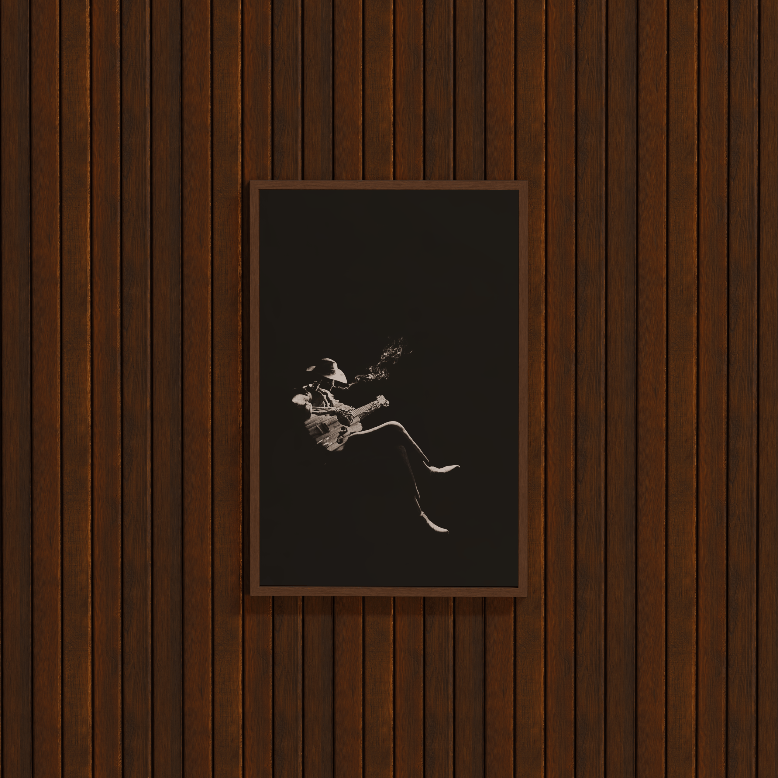 DORTI Framed black and white artwork of Jimi Skull on a wooden wall