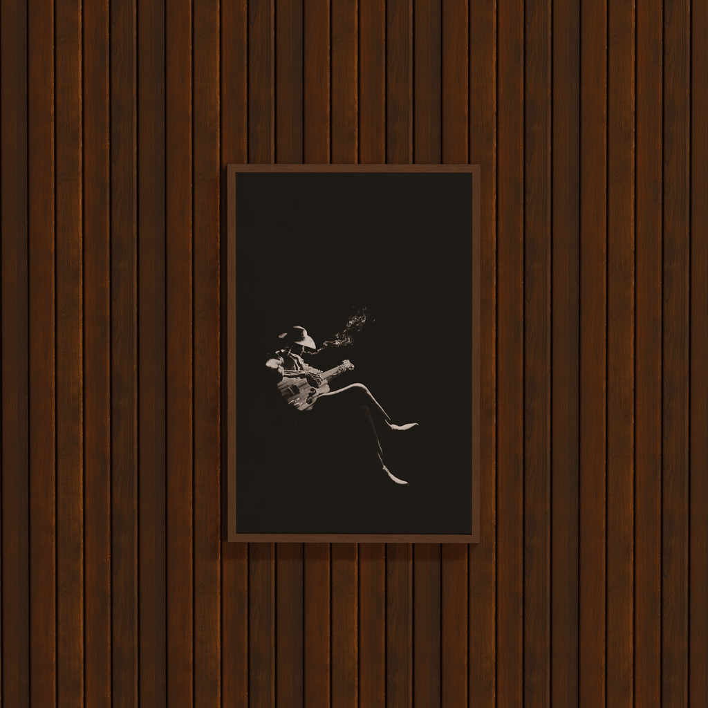 DORTI Framed black and white artwork of Jimi Skull on a wooden wall