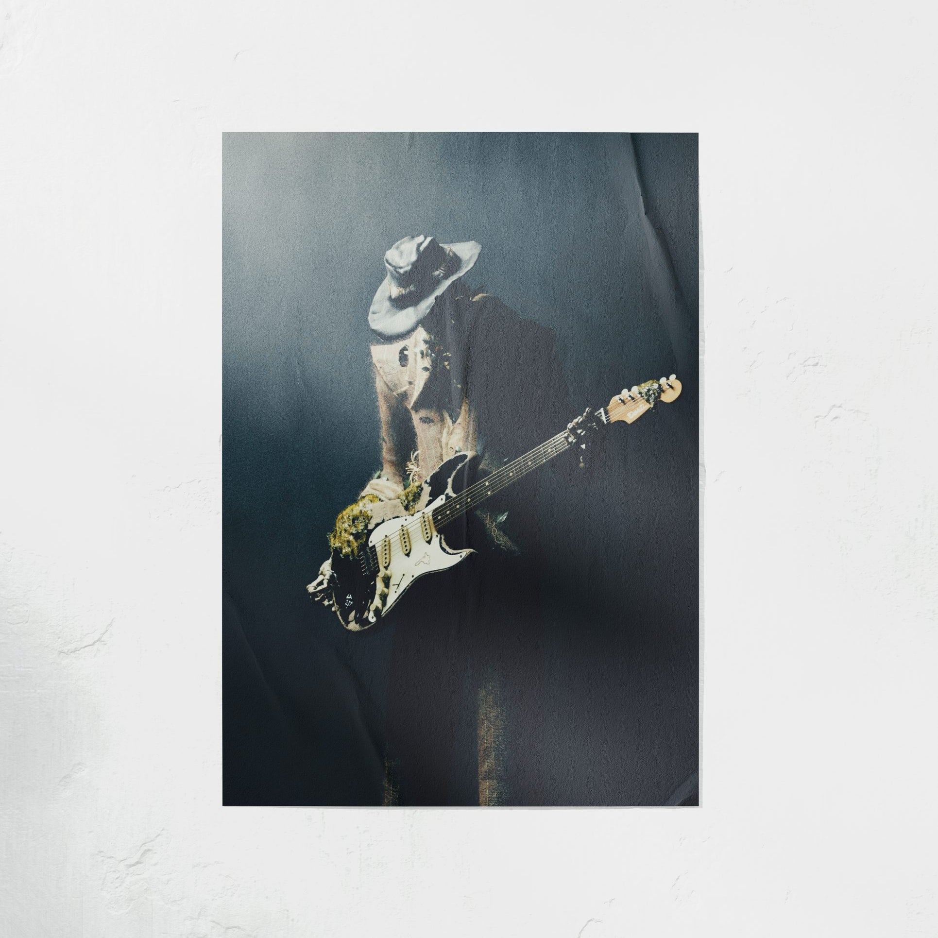 DORTI Jimi Skull Unplugged poster: a guitarist in a white hat playing electric guitar in blue haze