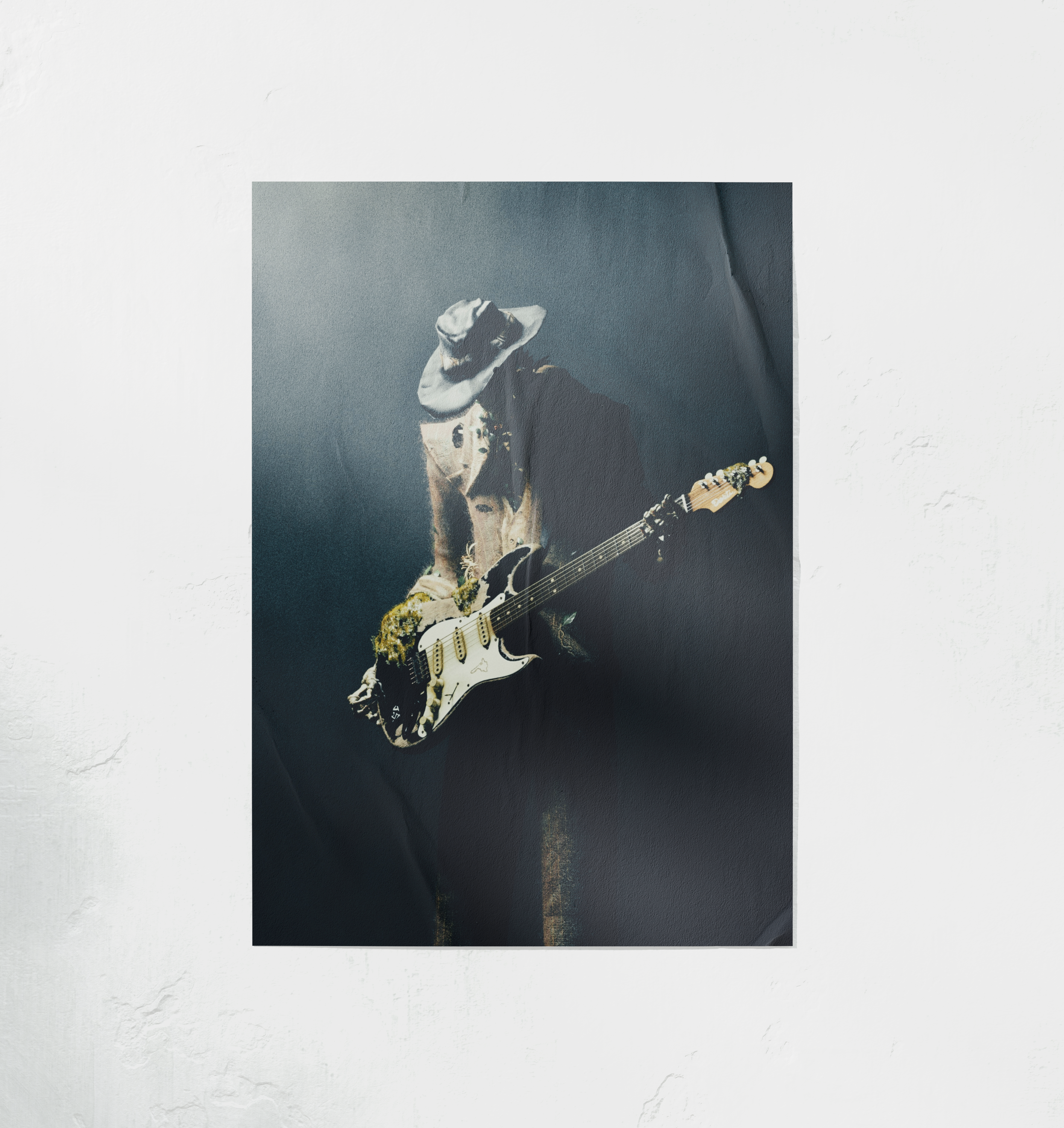 DORTI poster of a Jimi Skull playing guitar with a hat on a dark background