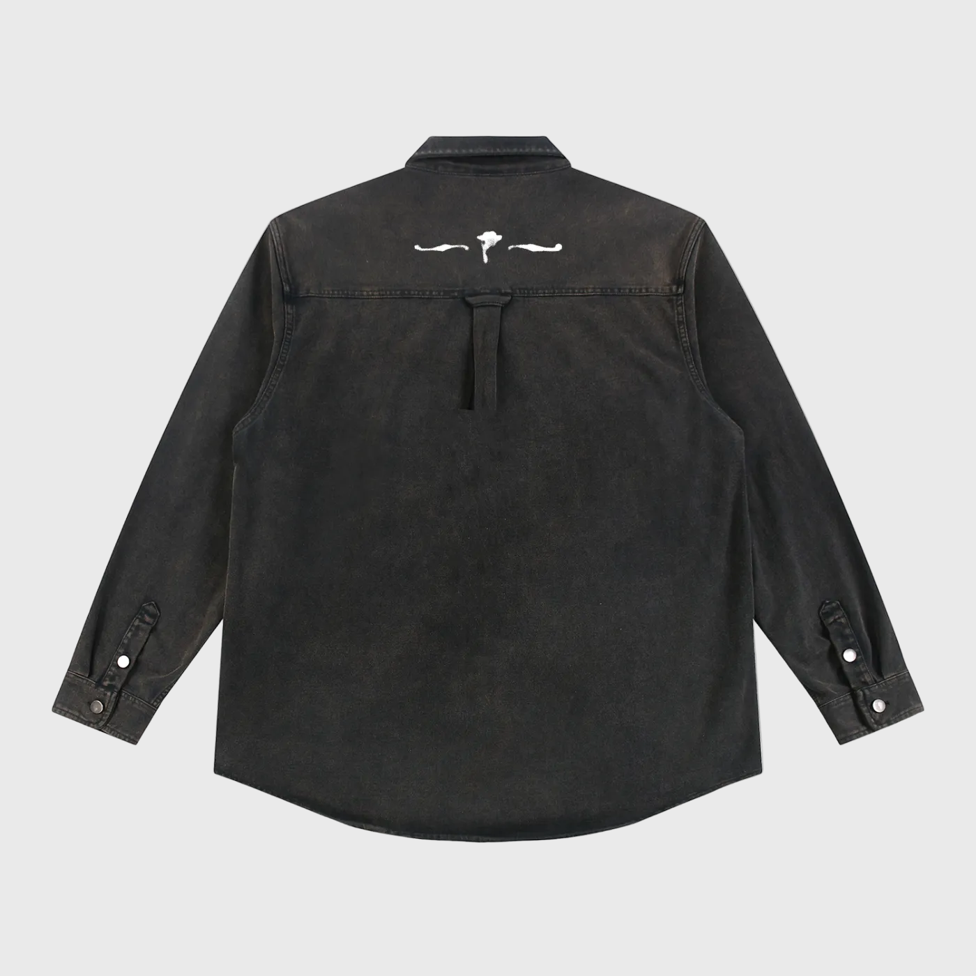 Black shirt with white embroidery on a white background