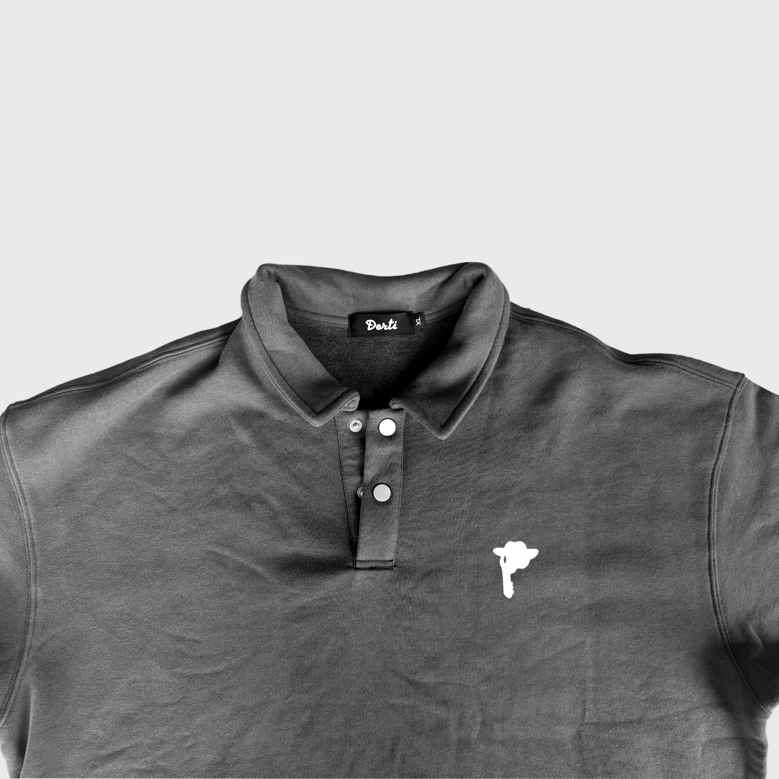 DORTI gray polo shirt with a small white Jimi Skull logo on a white background