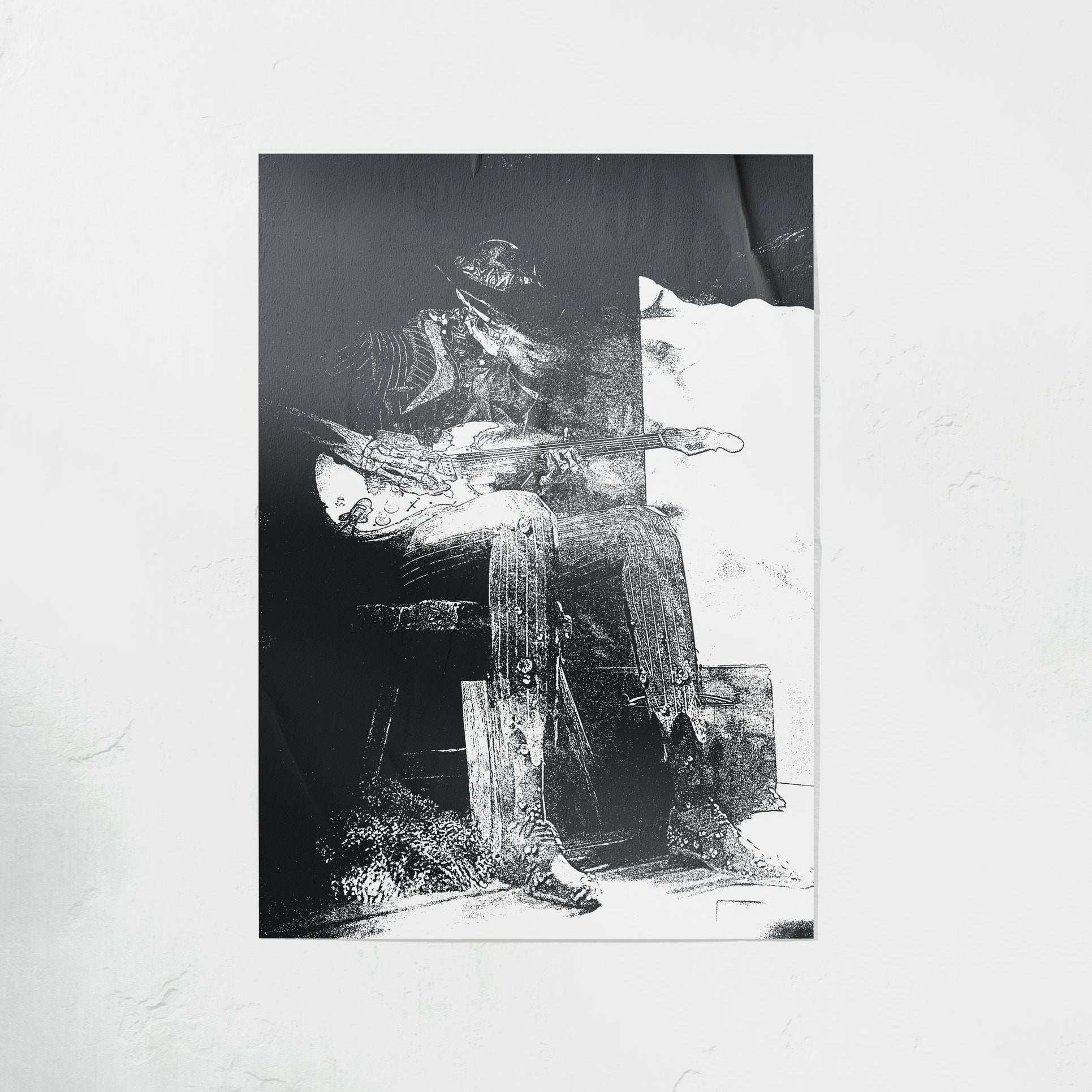 DORTI Jimi Skull Distortion poster: a seated hatted guitarist in a smeared black-and-white print