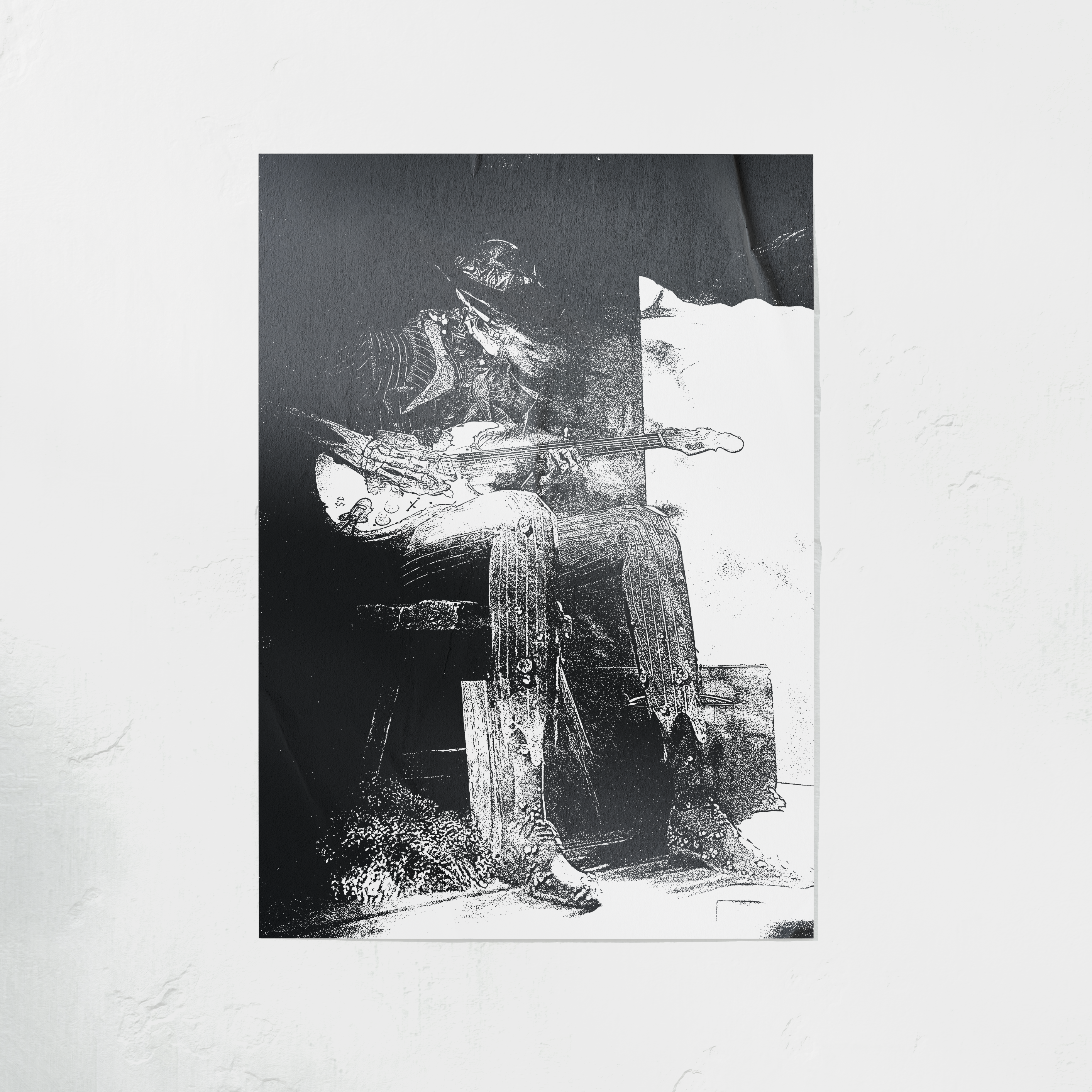 DORTI black and white artwork of Jimi Skull playing guitar on a textured white background