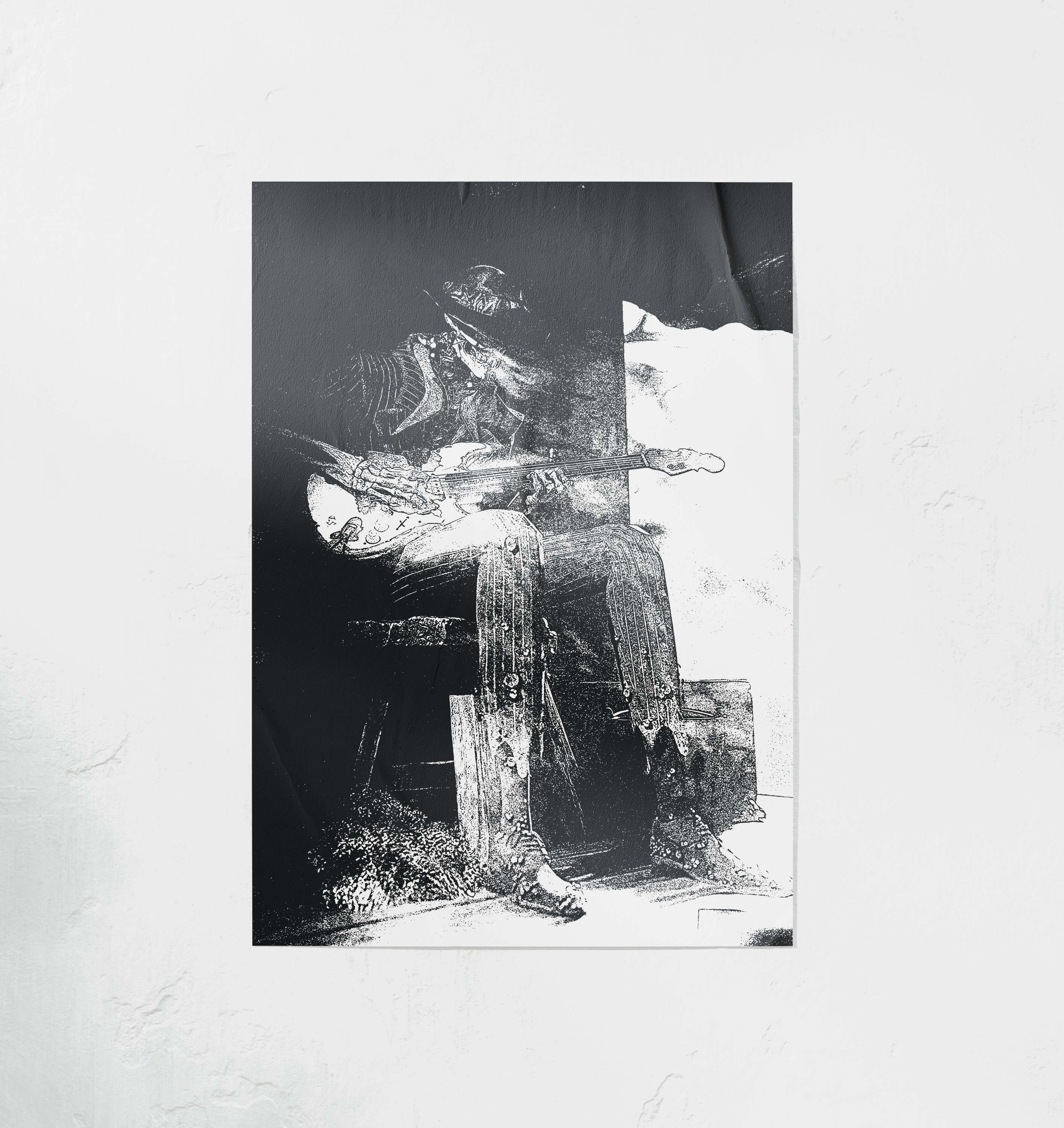 Black and white artwork of Jimi Skull playing guitar on a textured white background