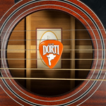 DORTI 0.96mm nylon guitar pick held in the strings over an acoustic guitar sound hole