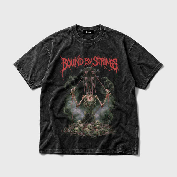 DORTI Bound by Strings limited edition acid-wash tee: a skeleton guitarist on puppet strings, red metal logo