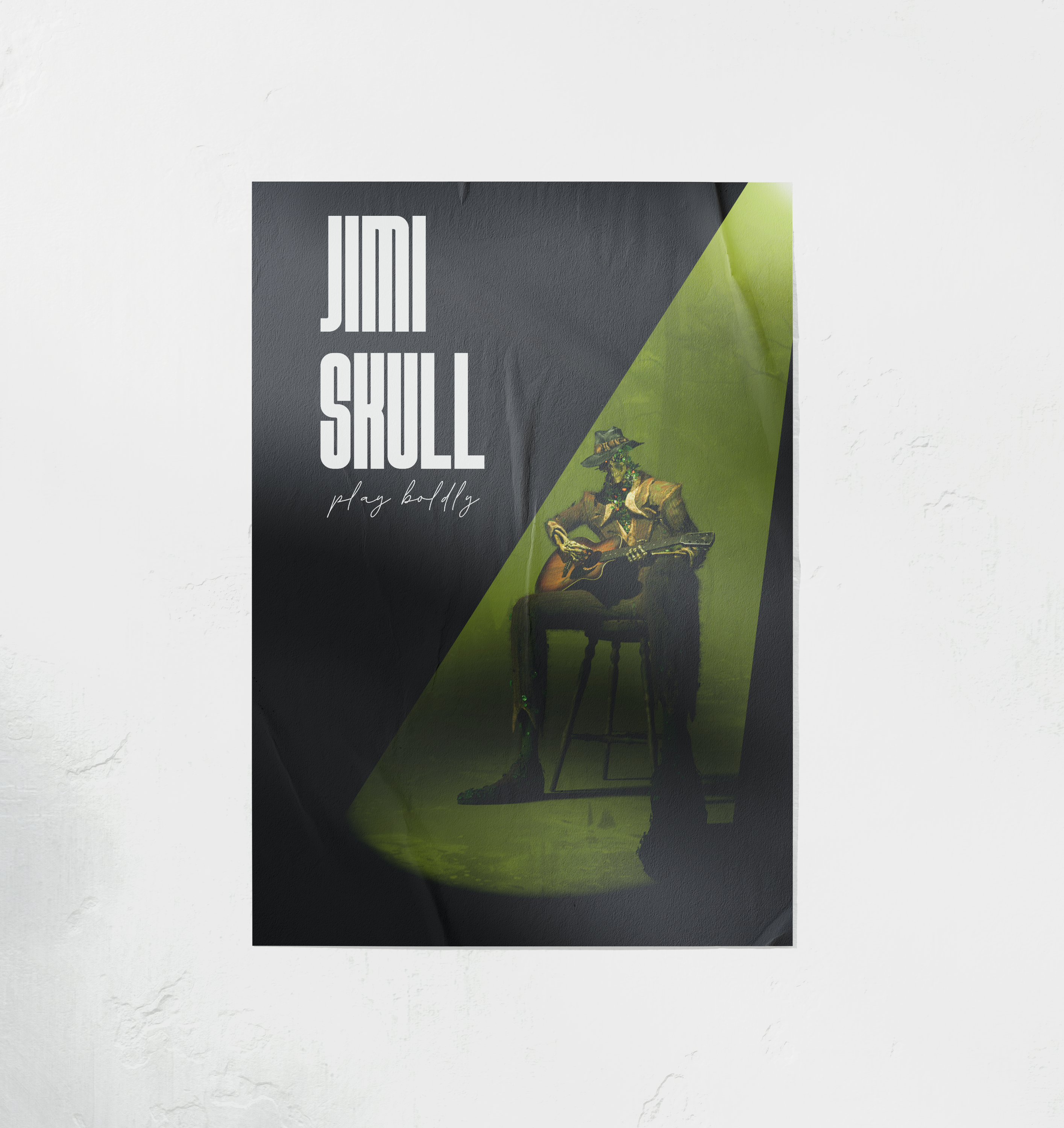 Poster with 'Jimi Shull' text and a person playing guitar on a white background