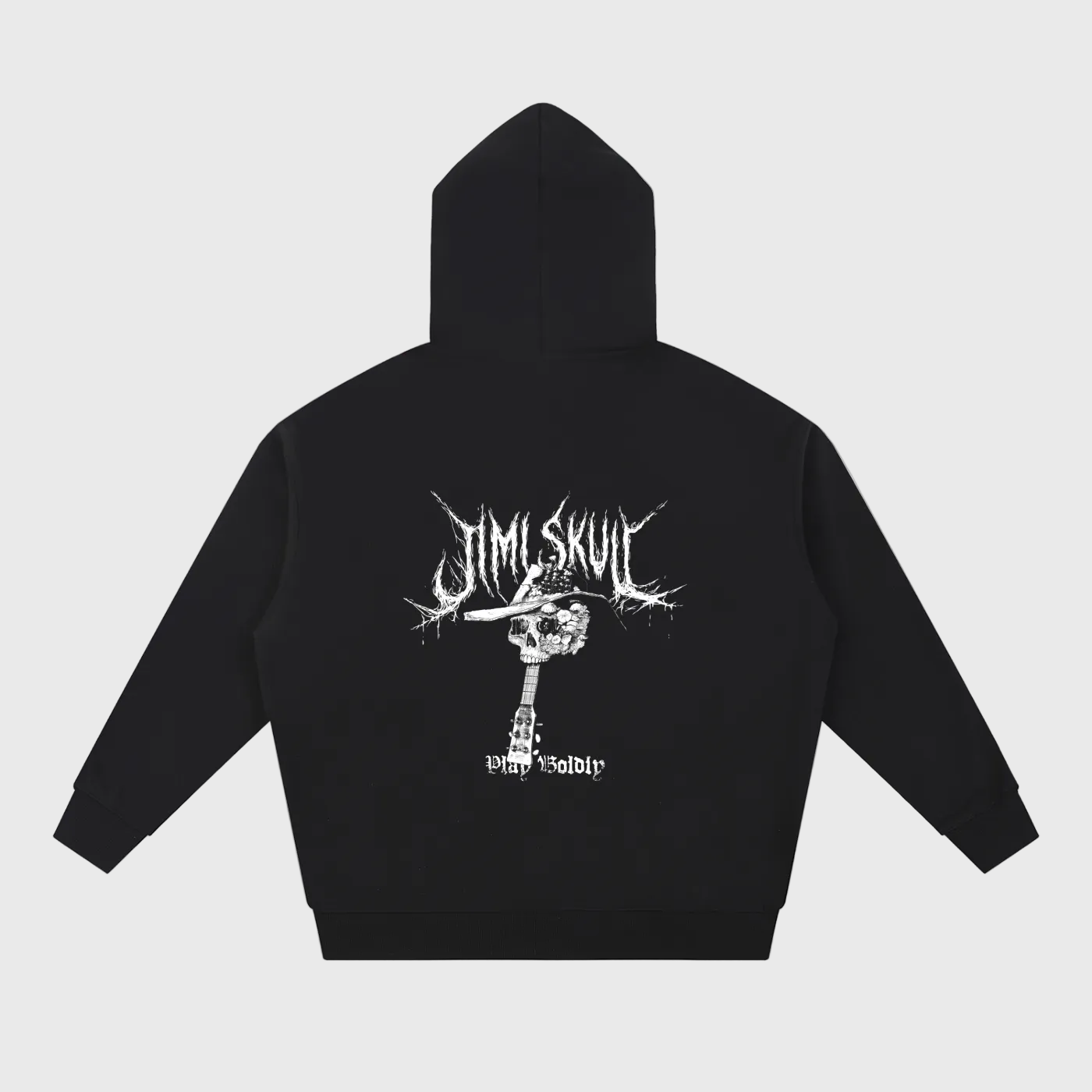 Black DORTI hoodie with white graphic design of Jimi Skull on the back against a light gray background