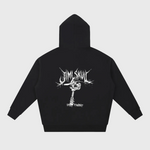 Black DORTI hoodie with white graphic design of Jimi Skull on the back against a light gray background