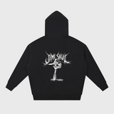 Black DORTI hoodie with white graphic design of Jimi Skull on the back against a light gray background