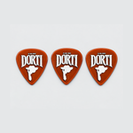 Three DORTI Standards orange nylon guitar picks in a row