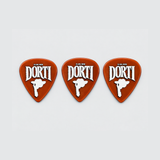 Three DORTI Standards orange nylon guitar picks in a row