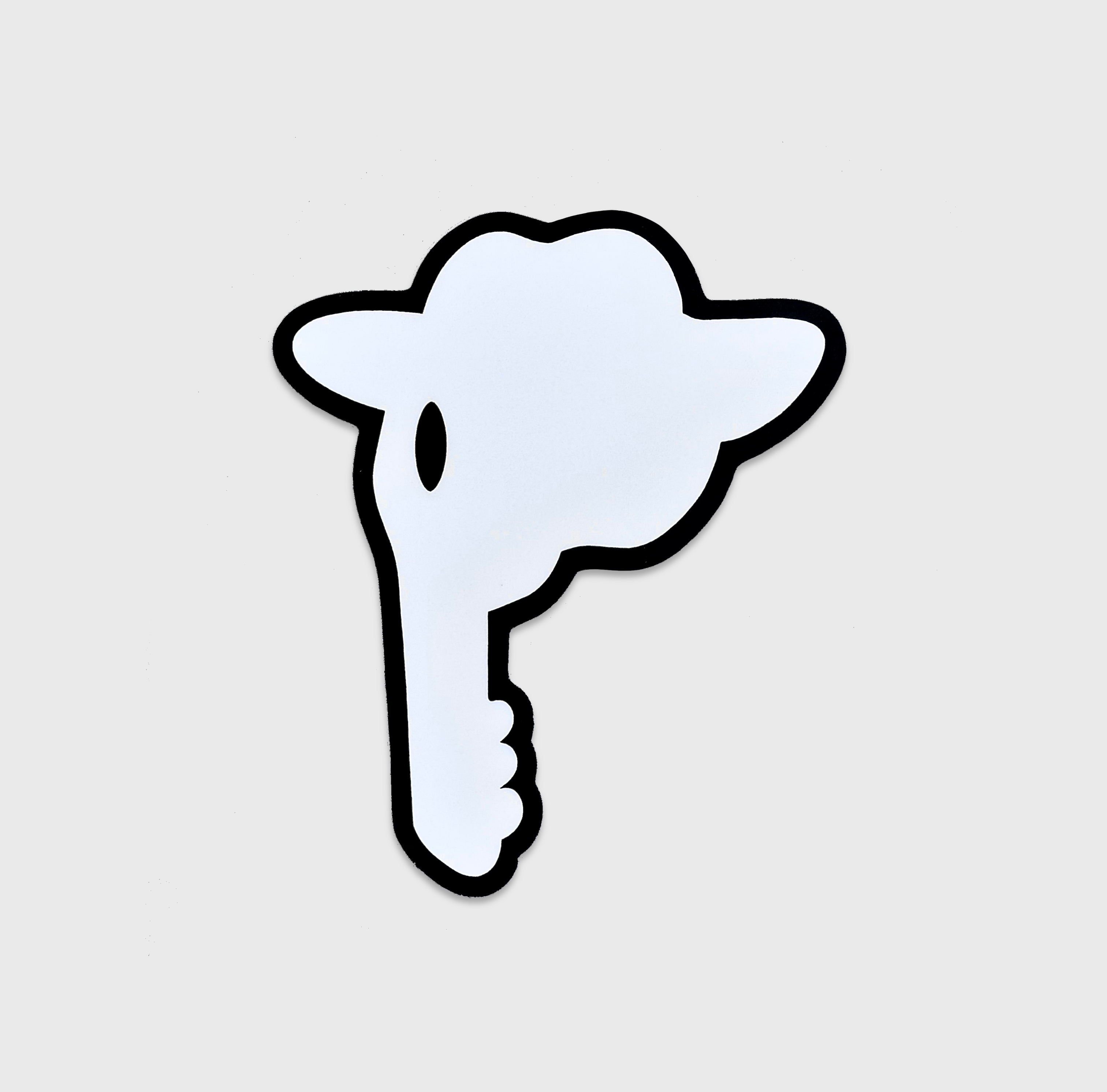 DORTI Jimi Skull Logo Sticker. White key-shaped object on a light gray background