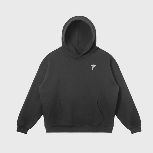Black DORTI hoodie with a small logo on a light gray background