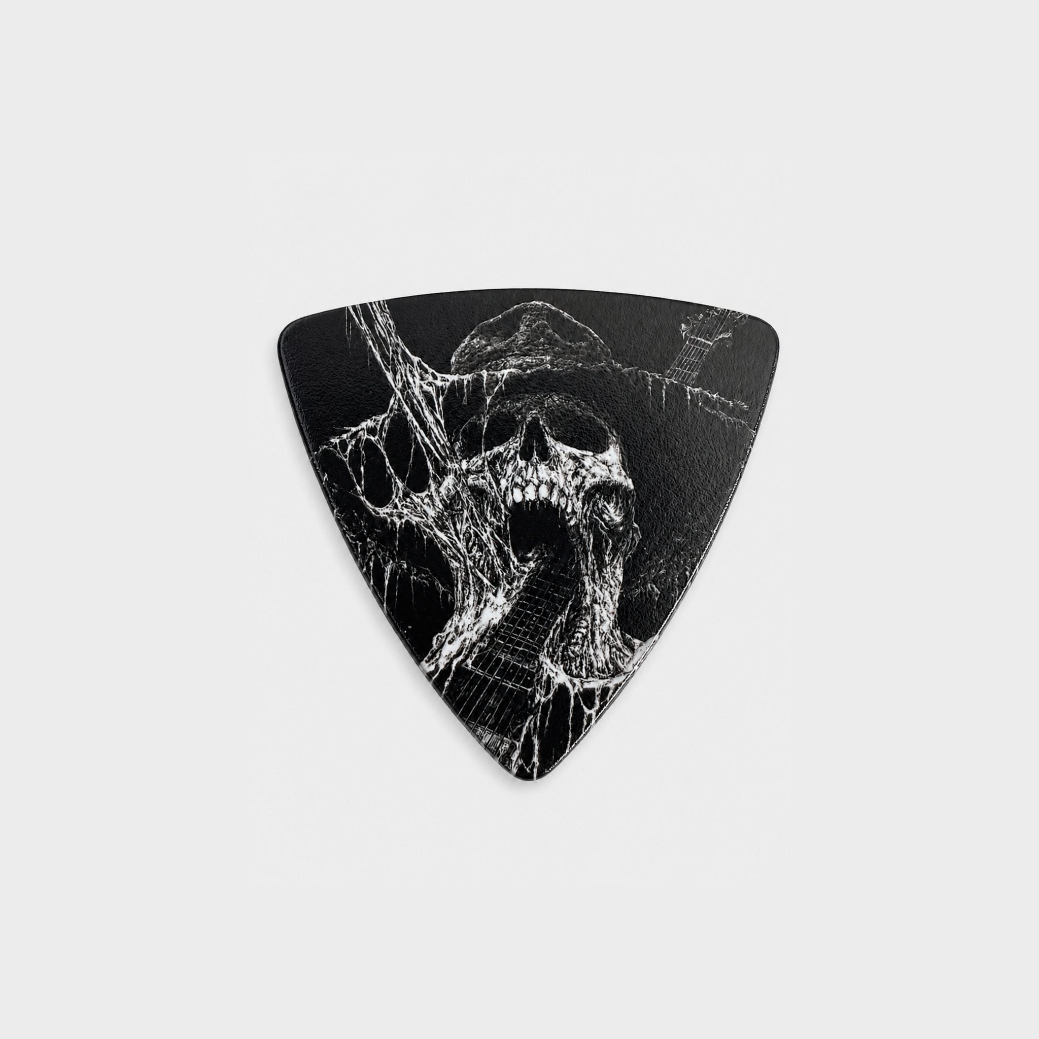 DORTI Neck Feeder Pro Series triangle Delrin guitar pick with a screaming skull in cobwebs