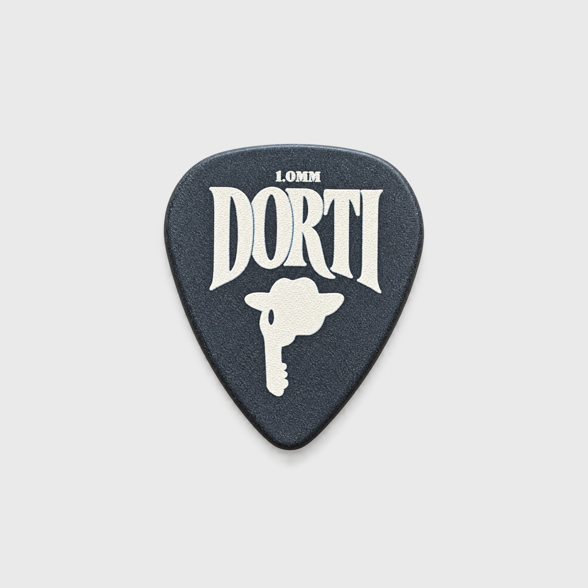 DORTI Standards Delrin guitar pick in black with the cream DORTI Jimi Skull logo, front view