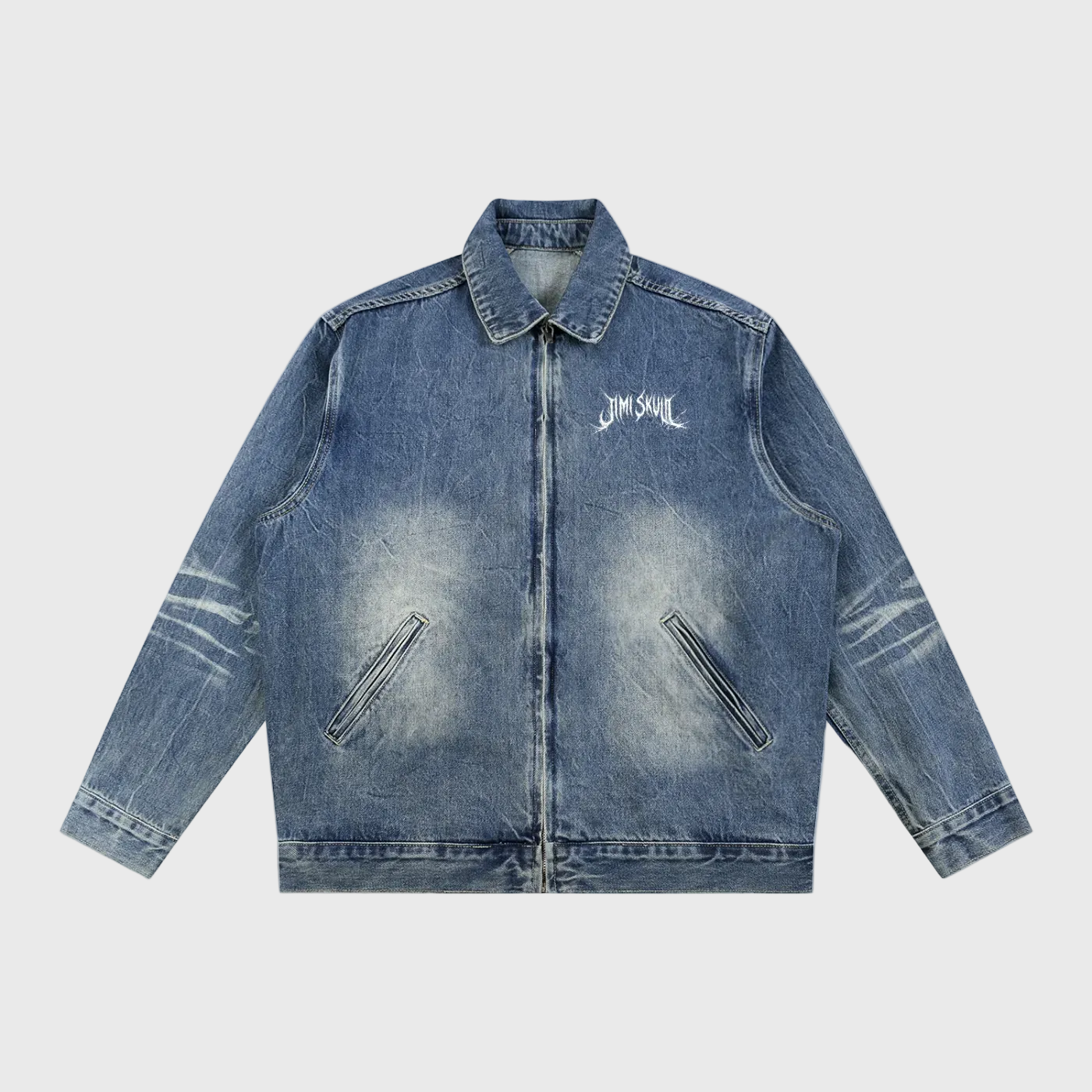 Blue DORTI denim jacket with Jimi Skull branding on a white background